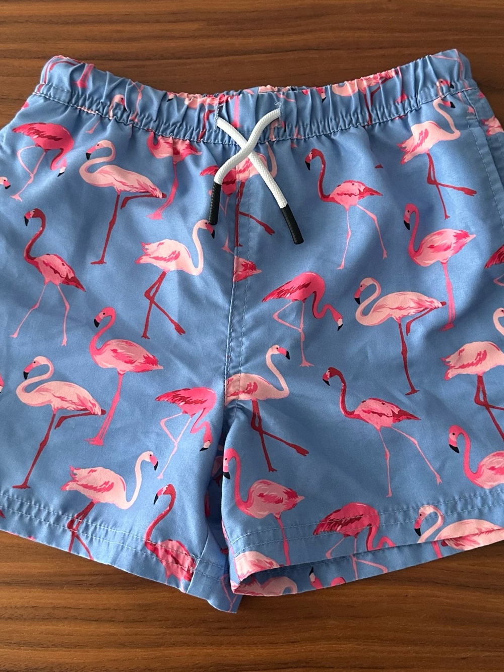 Kids Blue Flamingo Swim Trunks with Pink Print